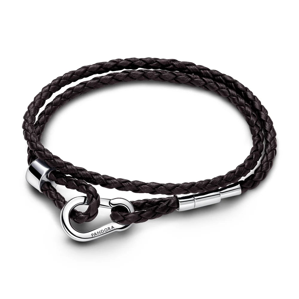 Pandora Moments Brown braided double leather bracelet with