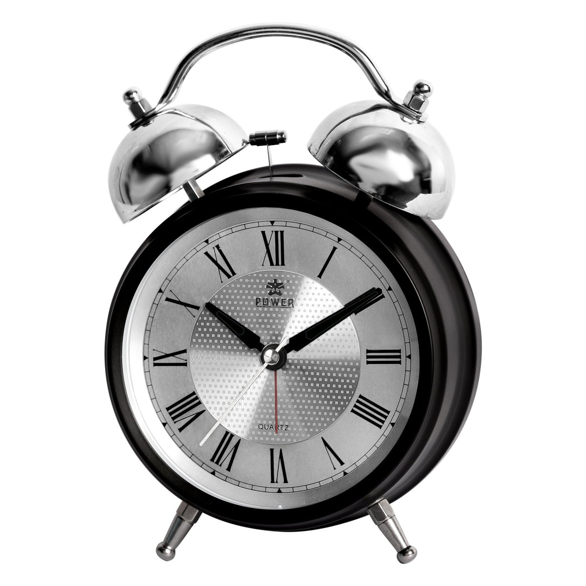 A classic twin-bell alarm clock with a glossy black body, polished silver bells and hands, and a silver dial with black Roman numerals.