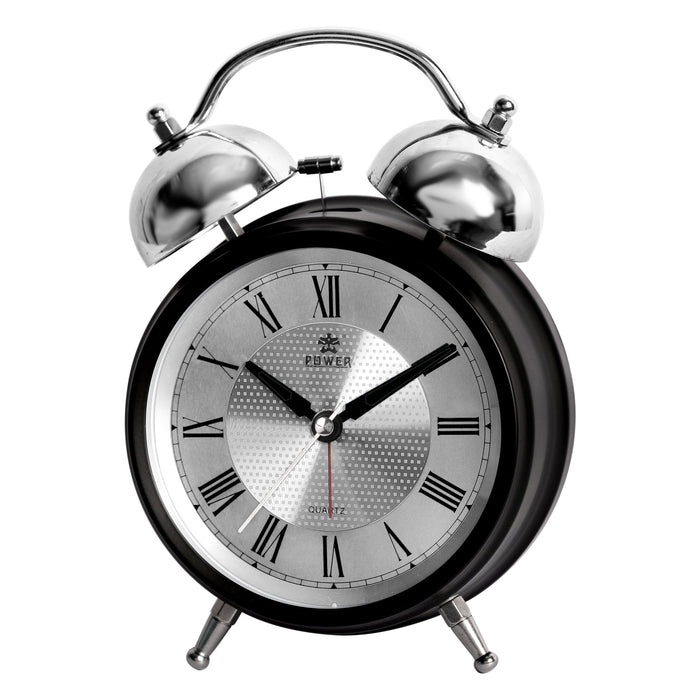 A classic twin-bell alarm clock with a glossy black body, polished silver bells and hands, and a silver dial with black Roman numerals.