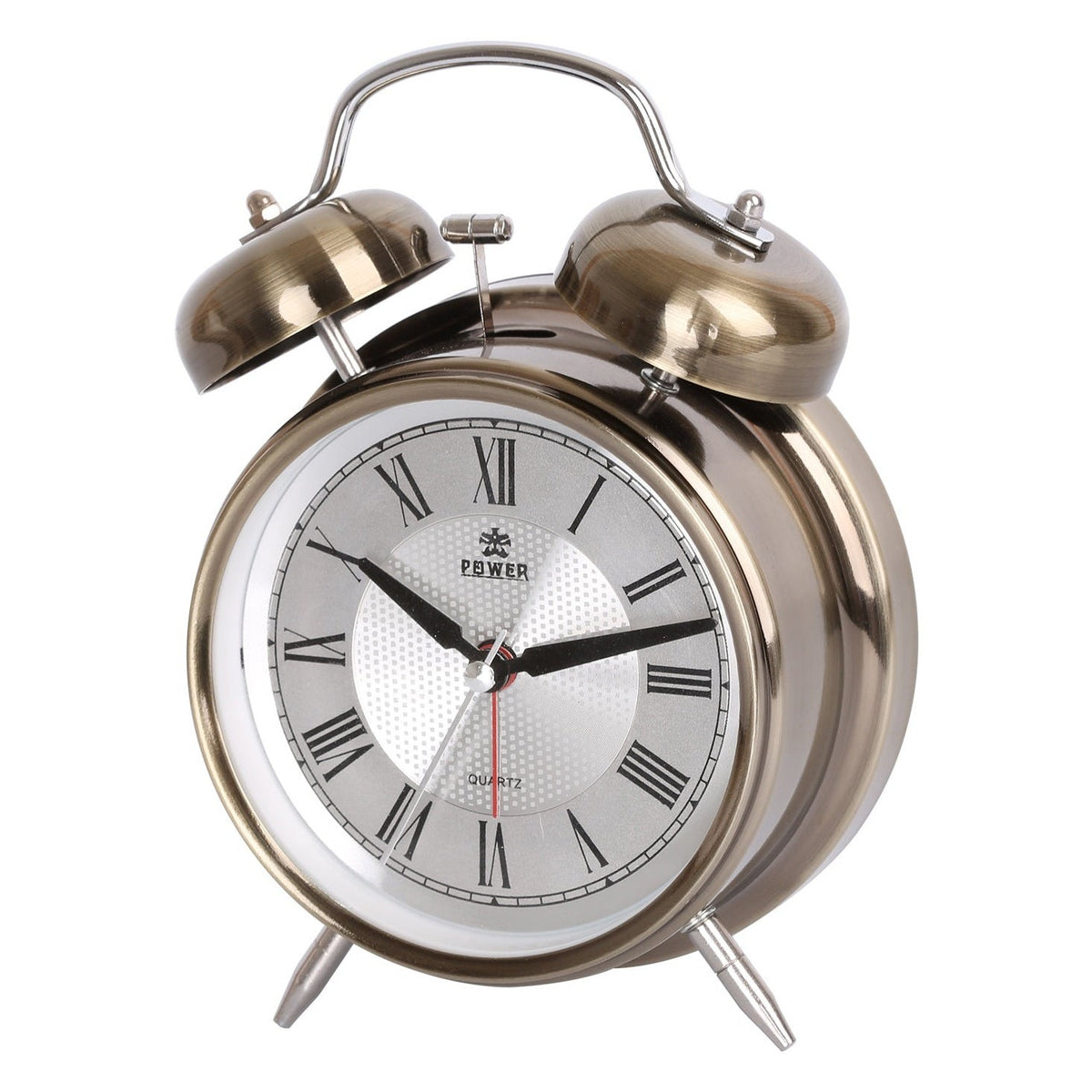 A classic twin-bell alarm clock with a polished gold-toned metal body, Roman numeral hour markers, black hands, and a white textured center dial. The brand name 'POWER' is visible on the face.