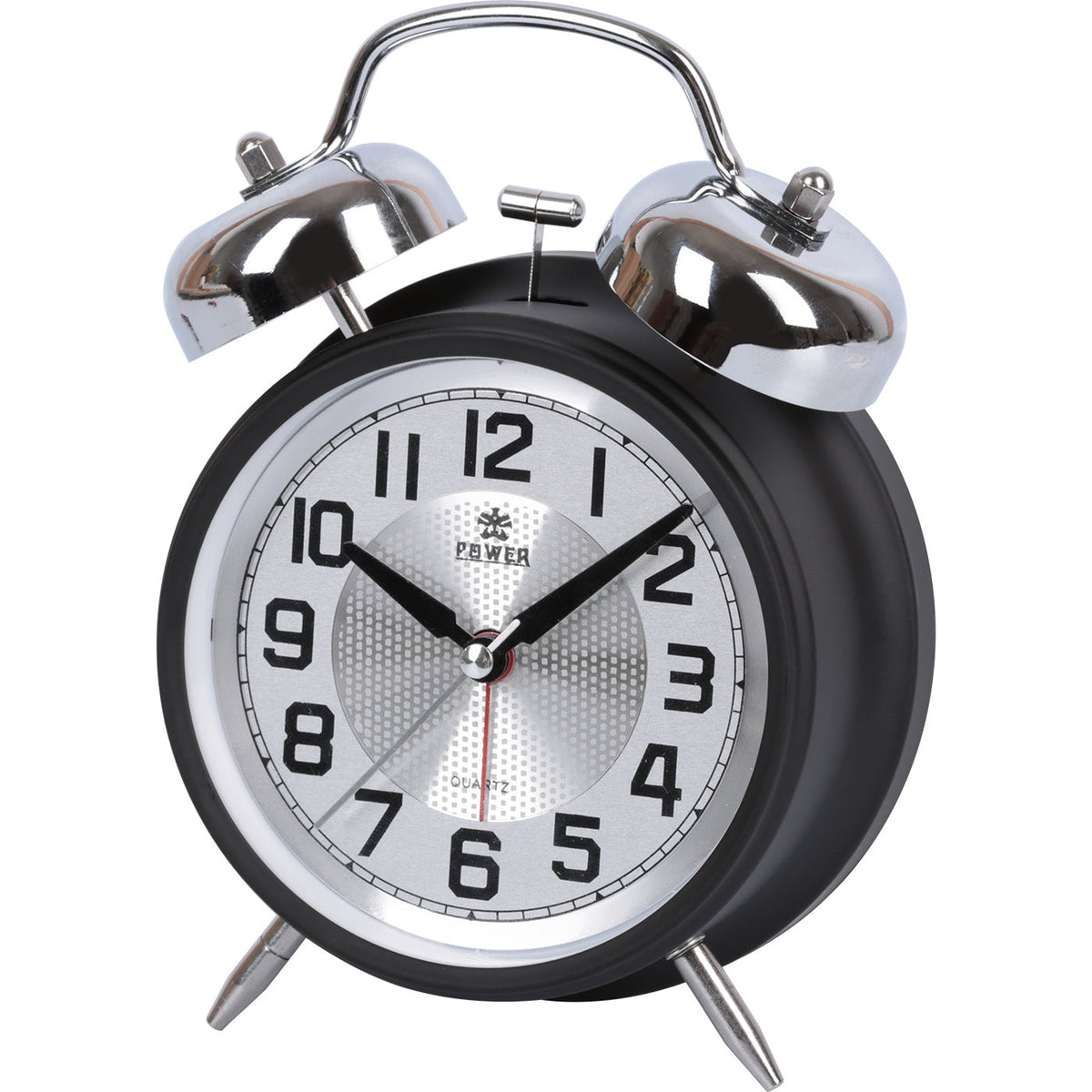 A classic twin-bell alarm clock with a black body, silver bells and legs, and a white dial with black numbers. The brand name 'POWER' is visible on the clock face.