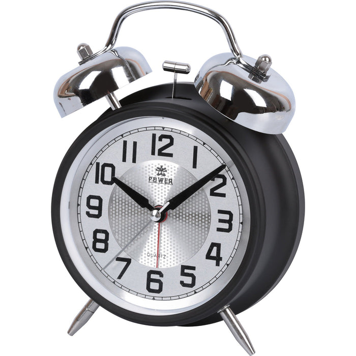 A classic twin-bell alarm clock with a black body, silver bells and legs, and a white dial with black numbers. The brand name 'POWER' is visible on the clock face.