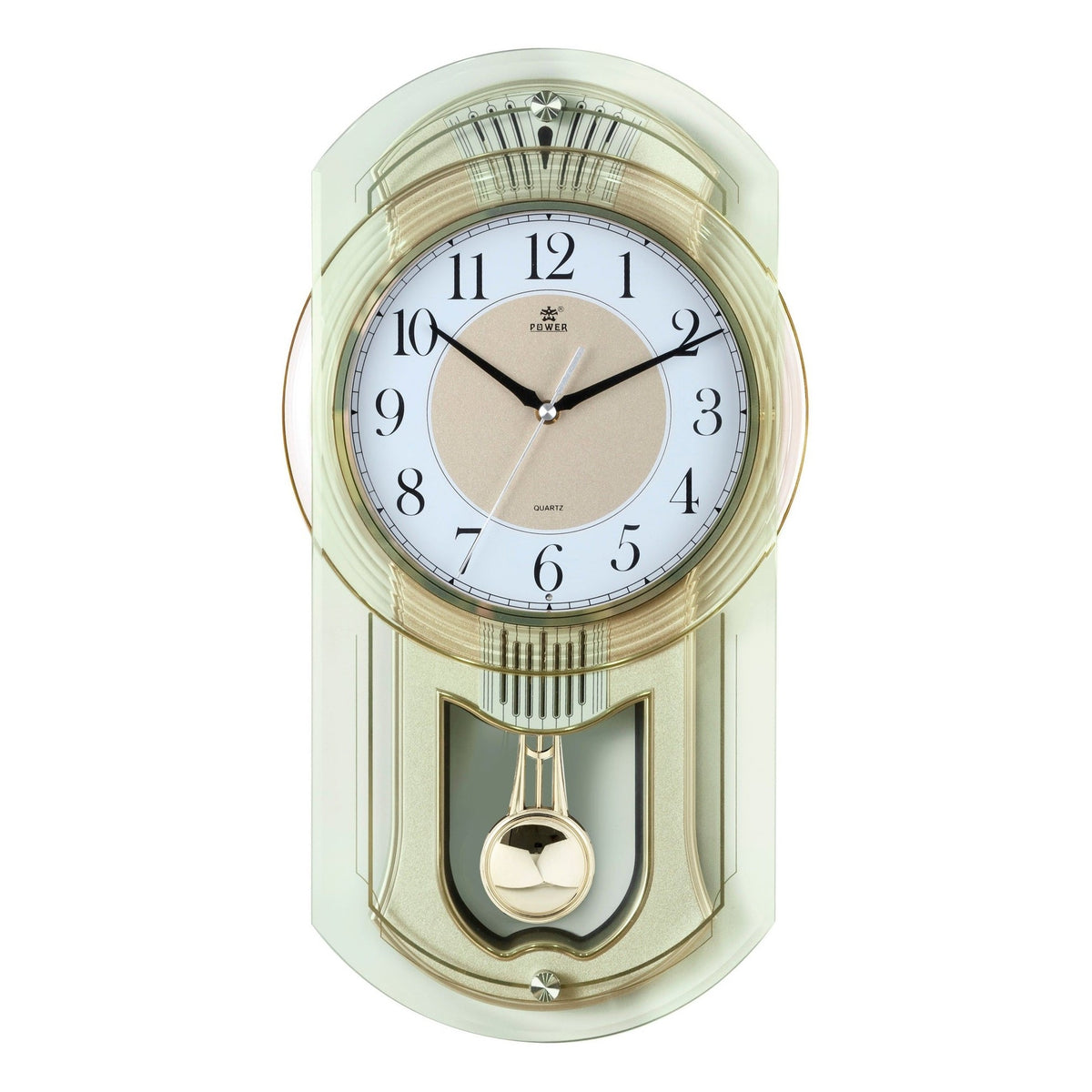 A modern wall clock with a translucent frosted glass outer casing, a white dial face with black numerals and hands, and a gold-toned pendulum visible below, shown on a plain white background.