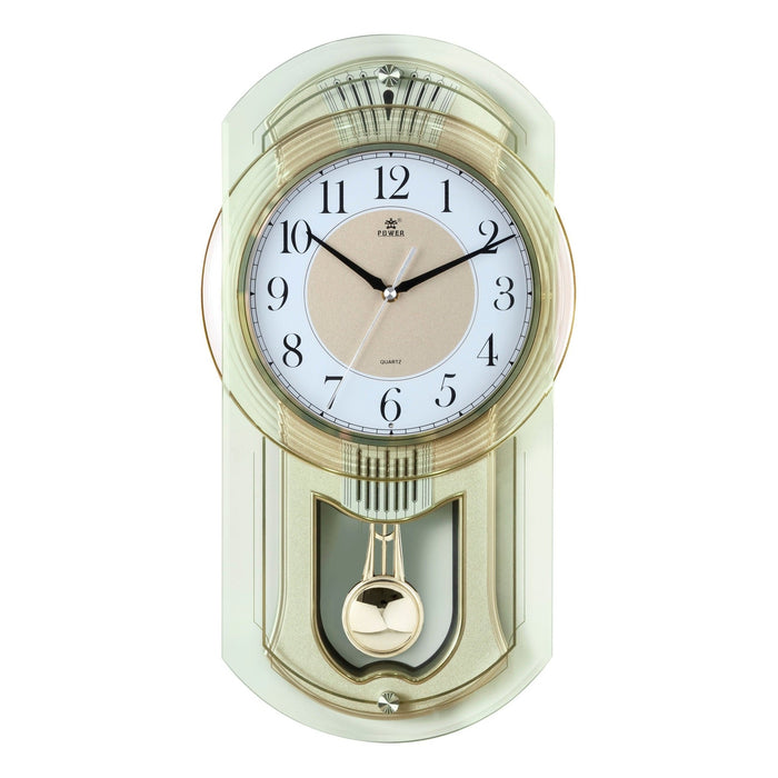 A modern wall clock with a translucent frosted glass outer casing, a white dial face with black numerals and hands, and a gold-toned pendulum visible below, shown on a plain white background.