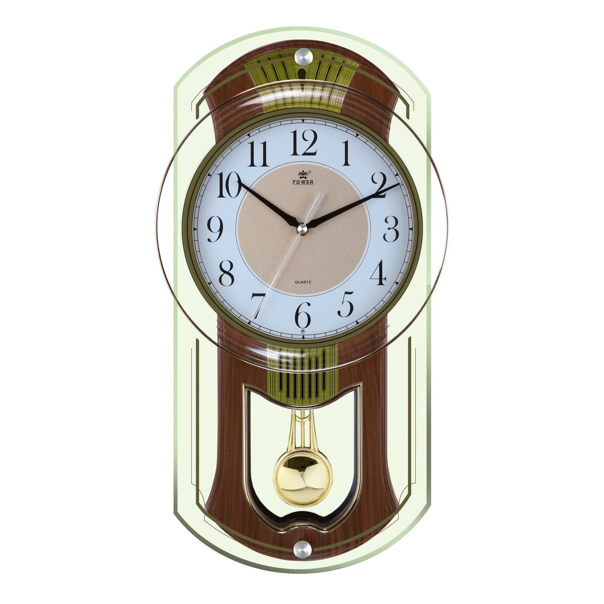 A vintage-style wall clock with a wood-grain brown frame, a light blue dial, black Arabic numerals, gold-toned hands and bobbin, and a translucent pale green outer border, shown on a plain white background.