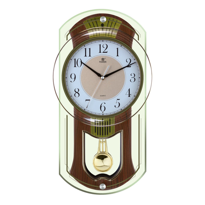 A vintage-style wall clock with a wood-grain brown frame, a light blue dial, black Arabic numerals, gold-toned hands and bobbin, and a translucent pale green outer border, shown on a plain white background.