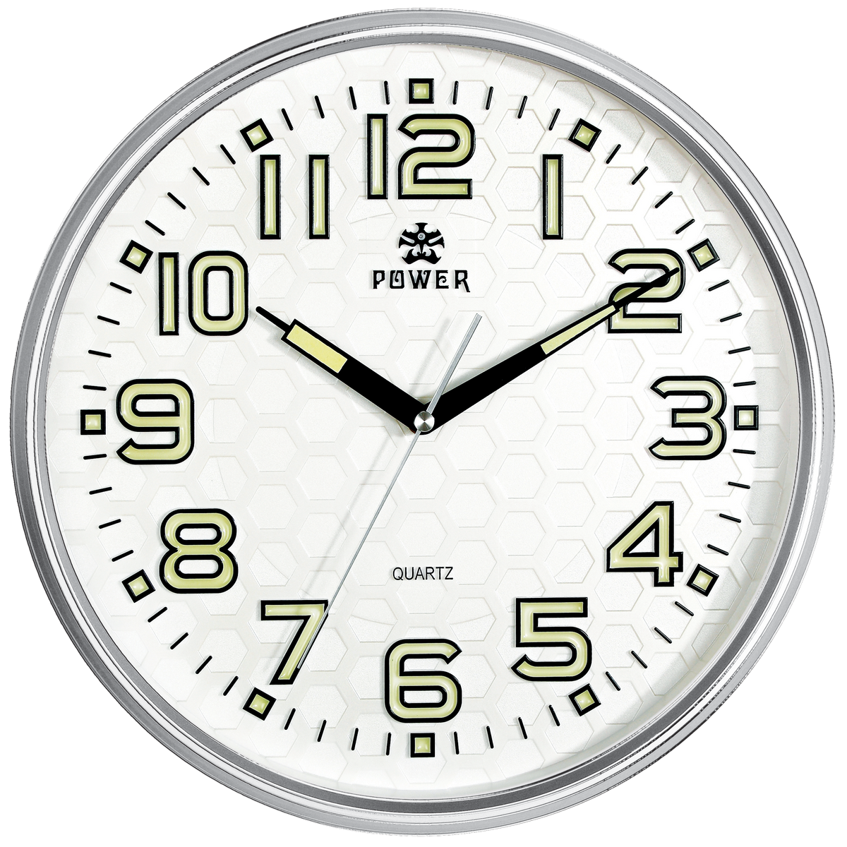 A round analog wall clock with a silver metal rim, a white face, and large glowing yellow numerals. The clock has black hands, a subtle honeycomb pattern on the dial, and the brand name 'POWER' printed above the 12.