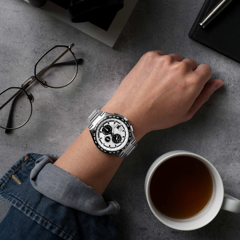 Citizen Eco-Drive Titanio AT8238-84M, Orologio Uomo Radiocomandato Cronografo, Quadrante Blu