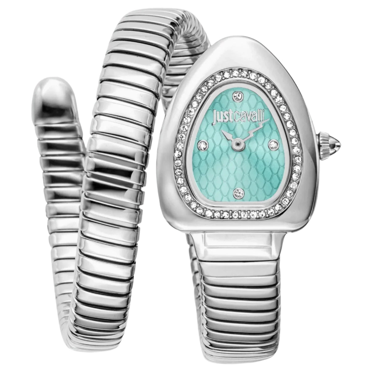 Silver watch with turquoise face and matching bracelet on a white background