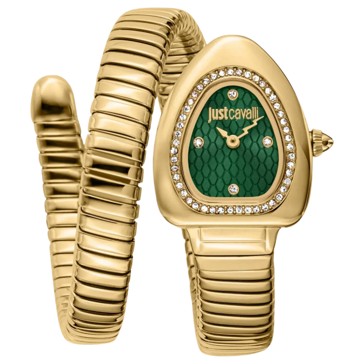 Gold watch with green face and 'Just Cavalli' branding on a white background