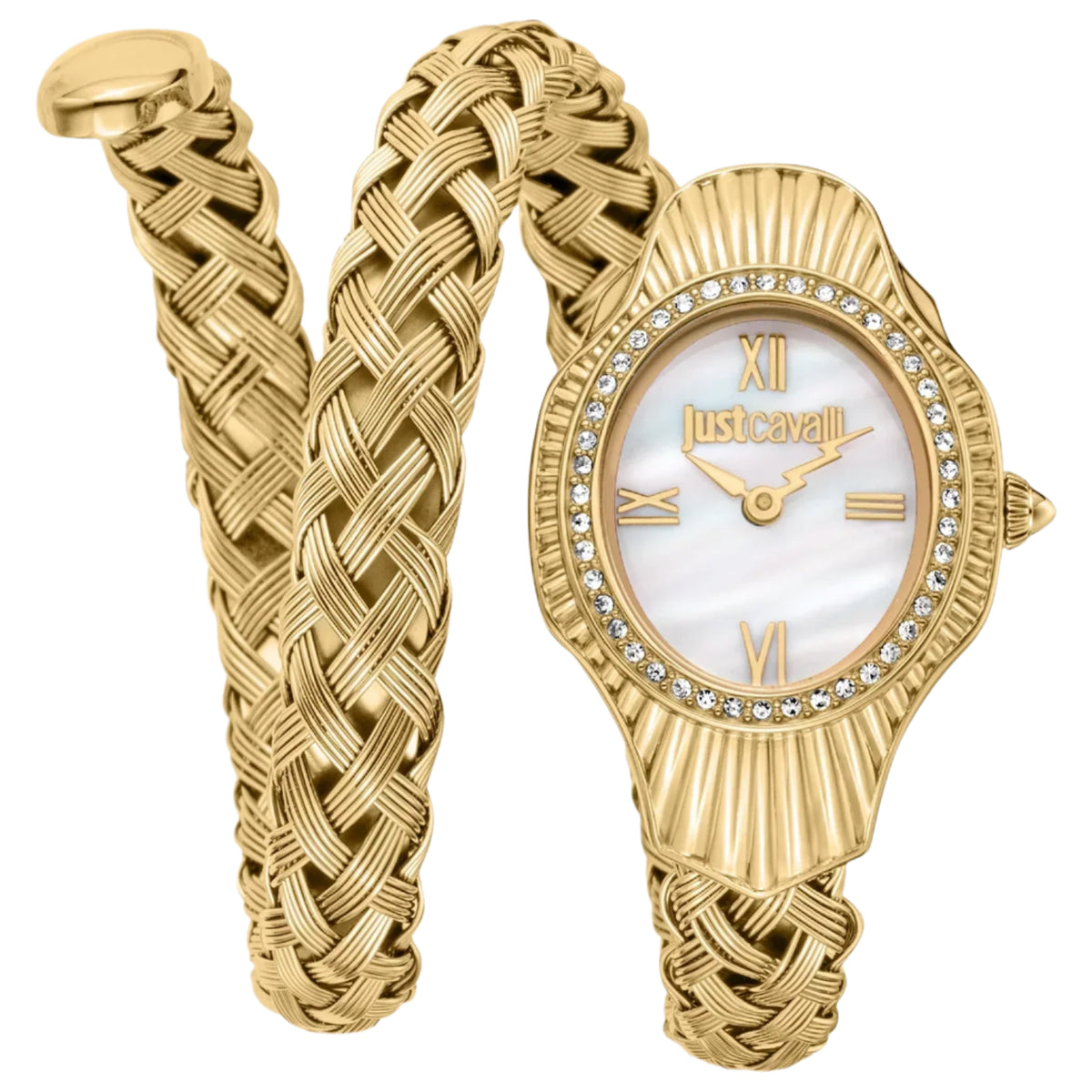 Gold braided watch and bracelet set on a white background