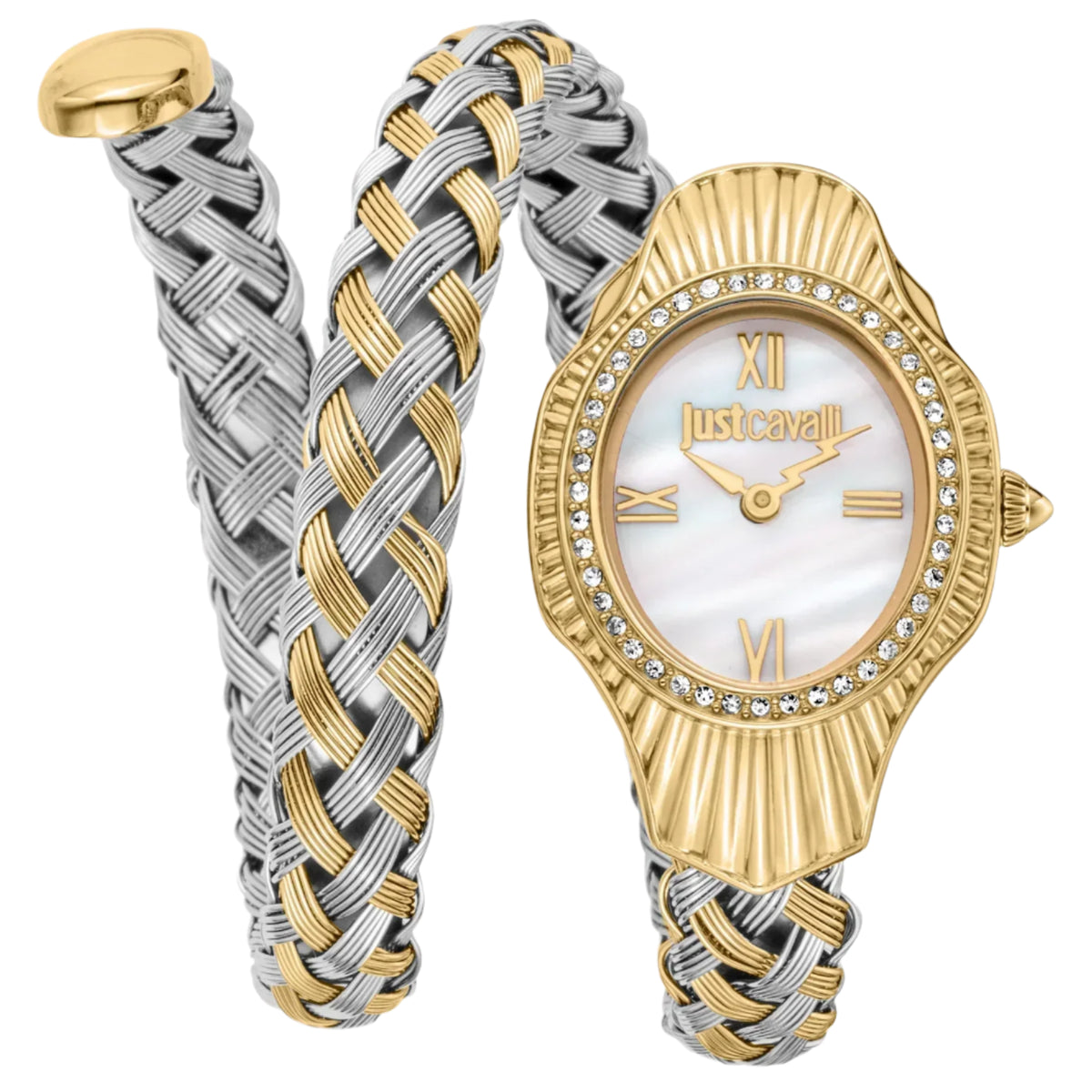 Gold and silver braided watch on a white background