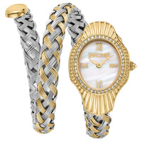 Gold and silver braided watch on a white background