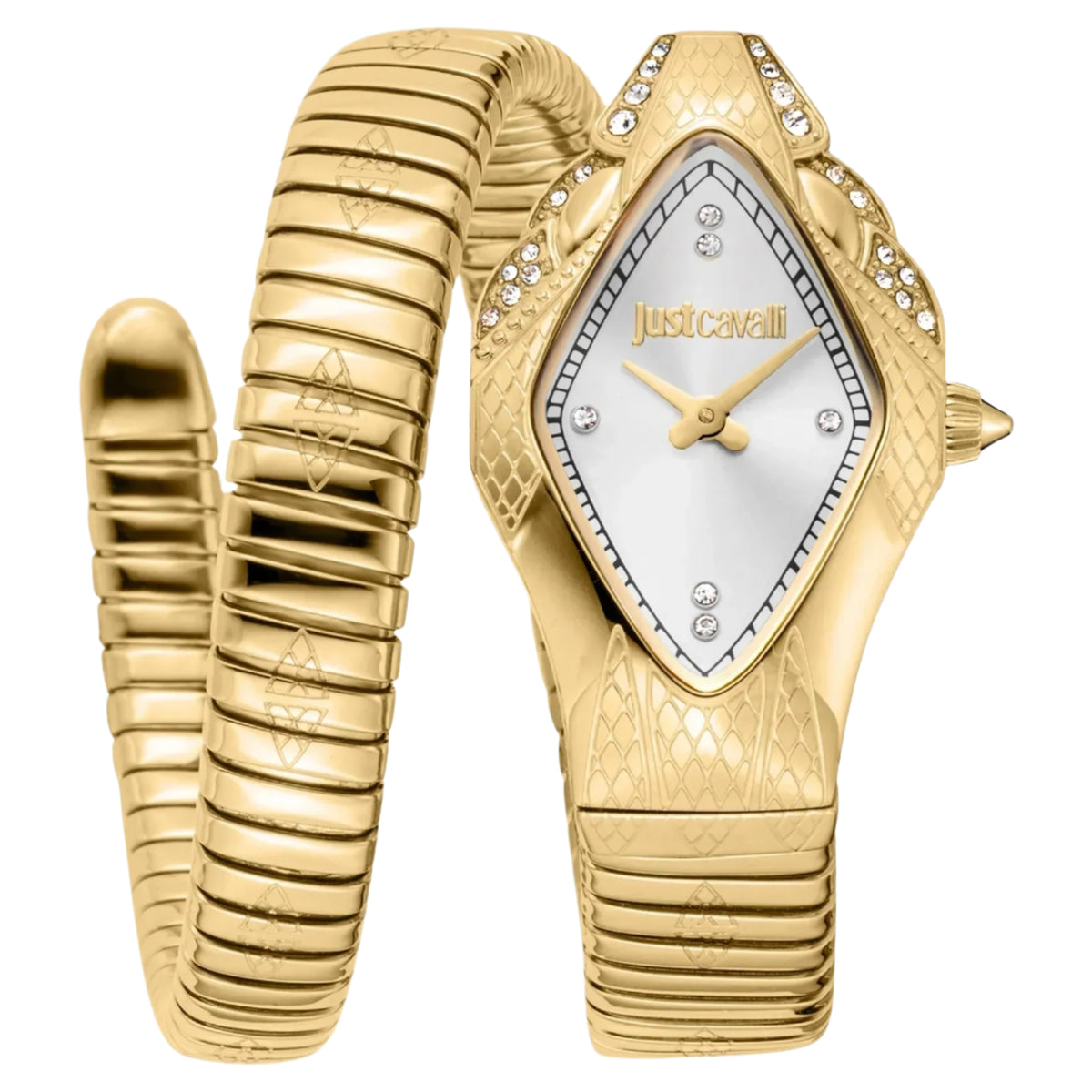 Gold snake-shaped watch with a white face on a light beige background