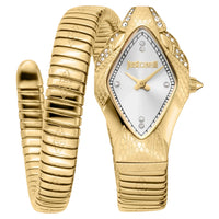 Gold snake-shaped watch with a white face on a light beige background