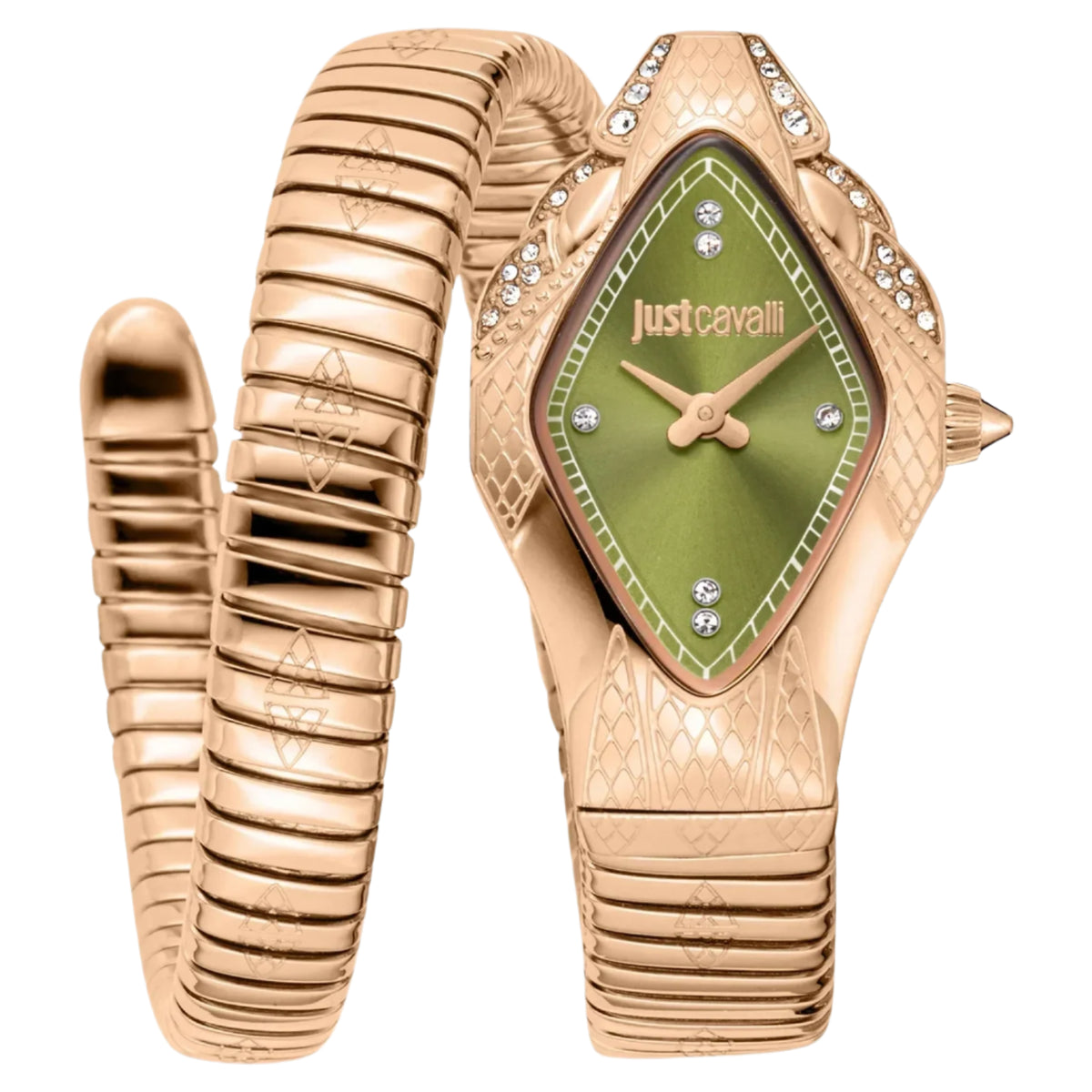 Rose gold watch with green face and 'Just Cavalli' branding on a white background