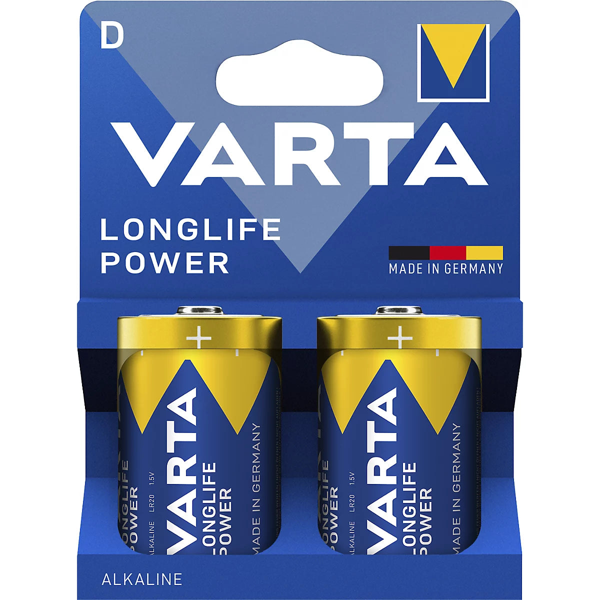 Varta Longlife Power alkaline batteries in a 2-pack blister card. The batteries are gold and blue with the Varta logo, set against a blue cardboard backing with white and yellow text.