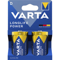 Varta Longlife Power alkaline batteries in a 2-pack blister card. The batteries are gold and blue with the Varta logo, set against a blue cardboard backing with white and yellow text.