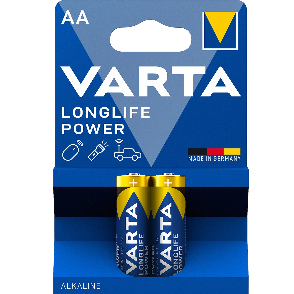 Varta Longlife Power AA alkaline batteries in a blue and white plastic blister pack with two batteries visible.