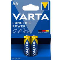 Varta Longlife Power AA alkaline batteries in a blue and white plastic blister pack with two batteries visible.