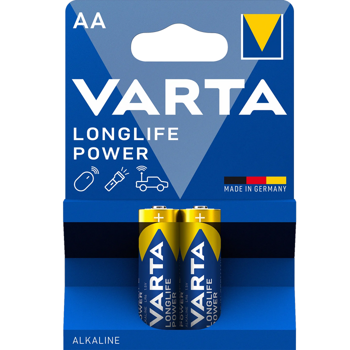 Varta Longlife Power AA alkaline batteries in a blue and white plastic blister pack with two batteries visible.