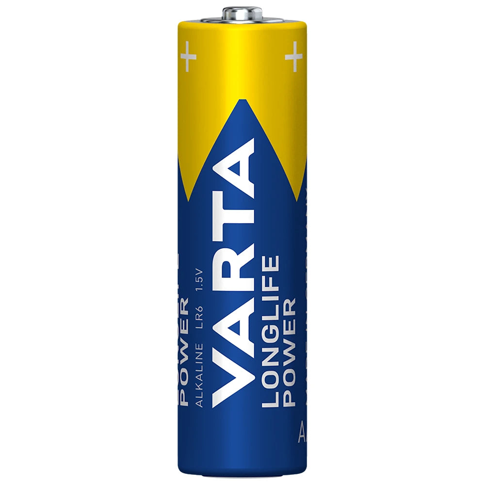 A single Varta Longlife Power alkaline LR6 1.5V battery on a plain white background, featuring a yellow top half with white plus signs and a blue bottom half with large white VARTA branding.