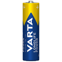 A single Varta Longlife Power alkaline LR6 1.5V battery on a plain white background, featuring a yellow top half with white plus signs and a blue bottom half with large white VARTA branding.