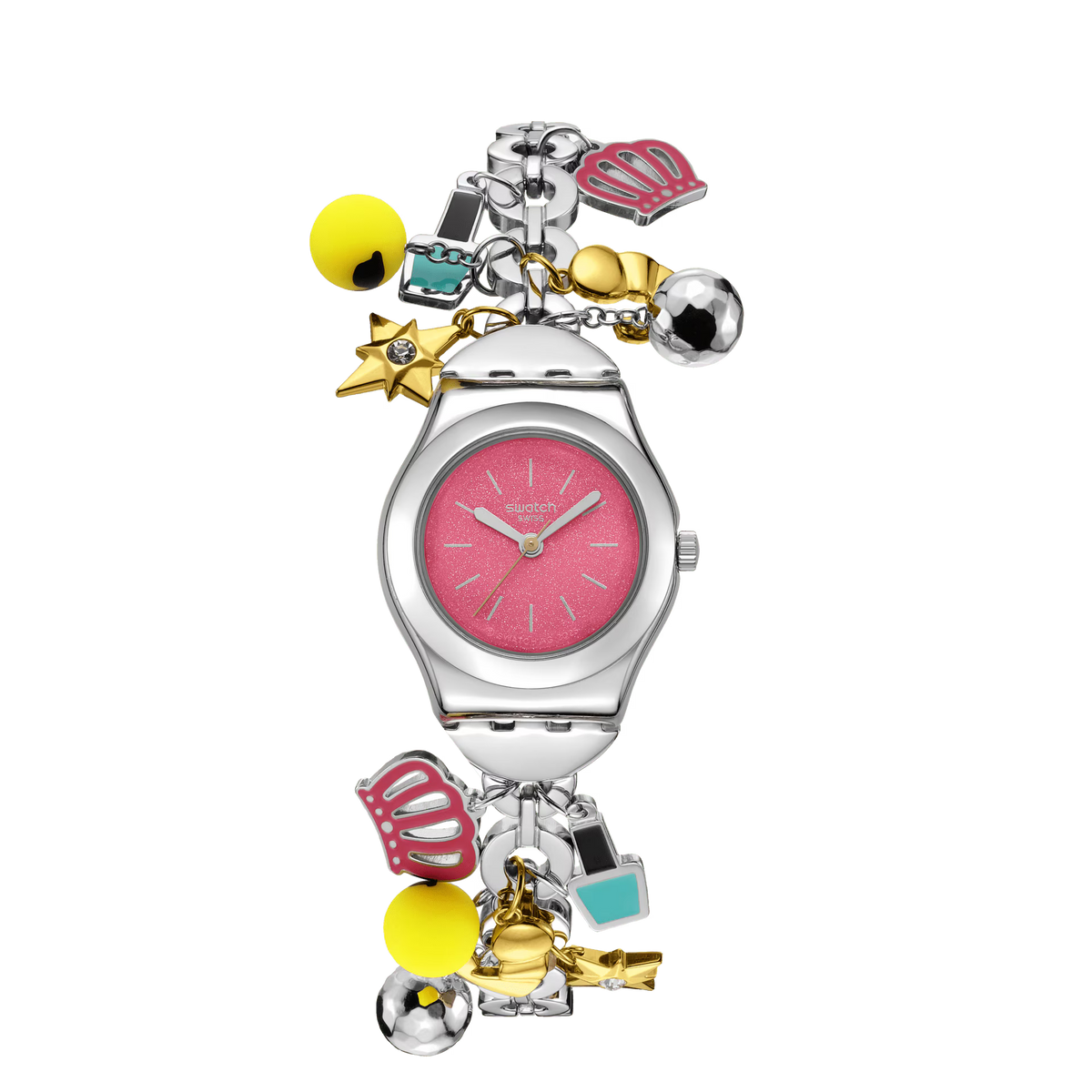 A silver-tone charm watch with a pink dial and multiple colorful fashion-themed charms, including a crown, heart, star, bell, and shopping bag, shown on a plain white background.
