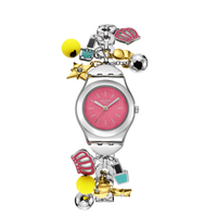 A silver-tone charm watch with a pink dial and multiple colorful fashion-themed charms, including a crown, heart, star, bell, and shopping bag, shown on a plain white background.