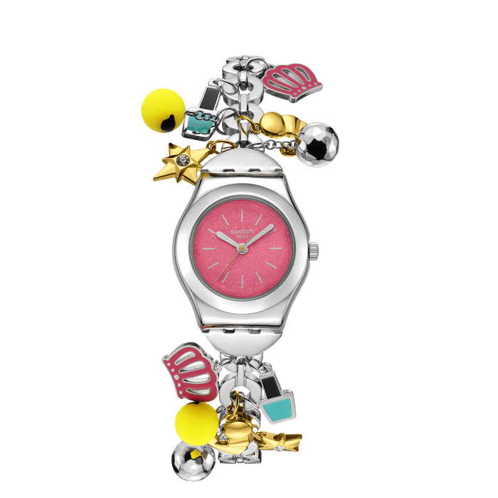 A silver-tone charm watch with a pink dial and multiple colorful fashion-themed charms, including a crown, heart, star, bell, and shopping bag, shown on a plain white background.