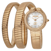 Gold watch with snake-like design on a white background