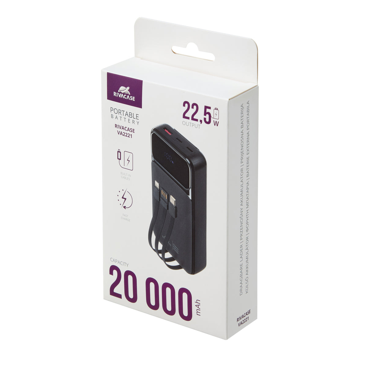 RIVACASE VA2221 (20000 mAh) black, QC/PD 3 built-in cables portable battery