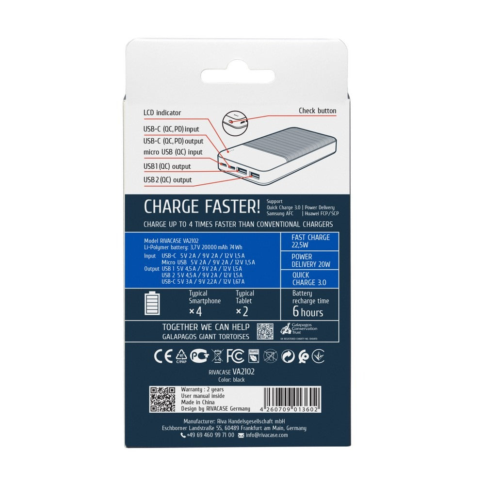 RIVACASE VA2102 (20000 mAh) black, QC/PD 22.5W portable battery