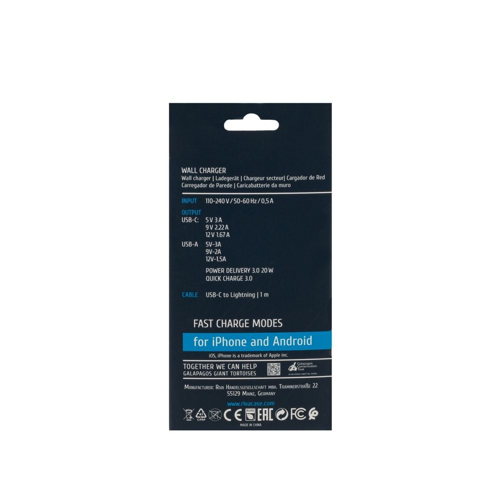 RIVACASE PS4102 WD5 EU wall charger white PD20W + QC3.0, USB-A + USB-C, with USB-C/Lightning cable