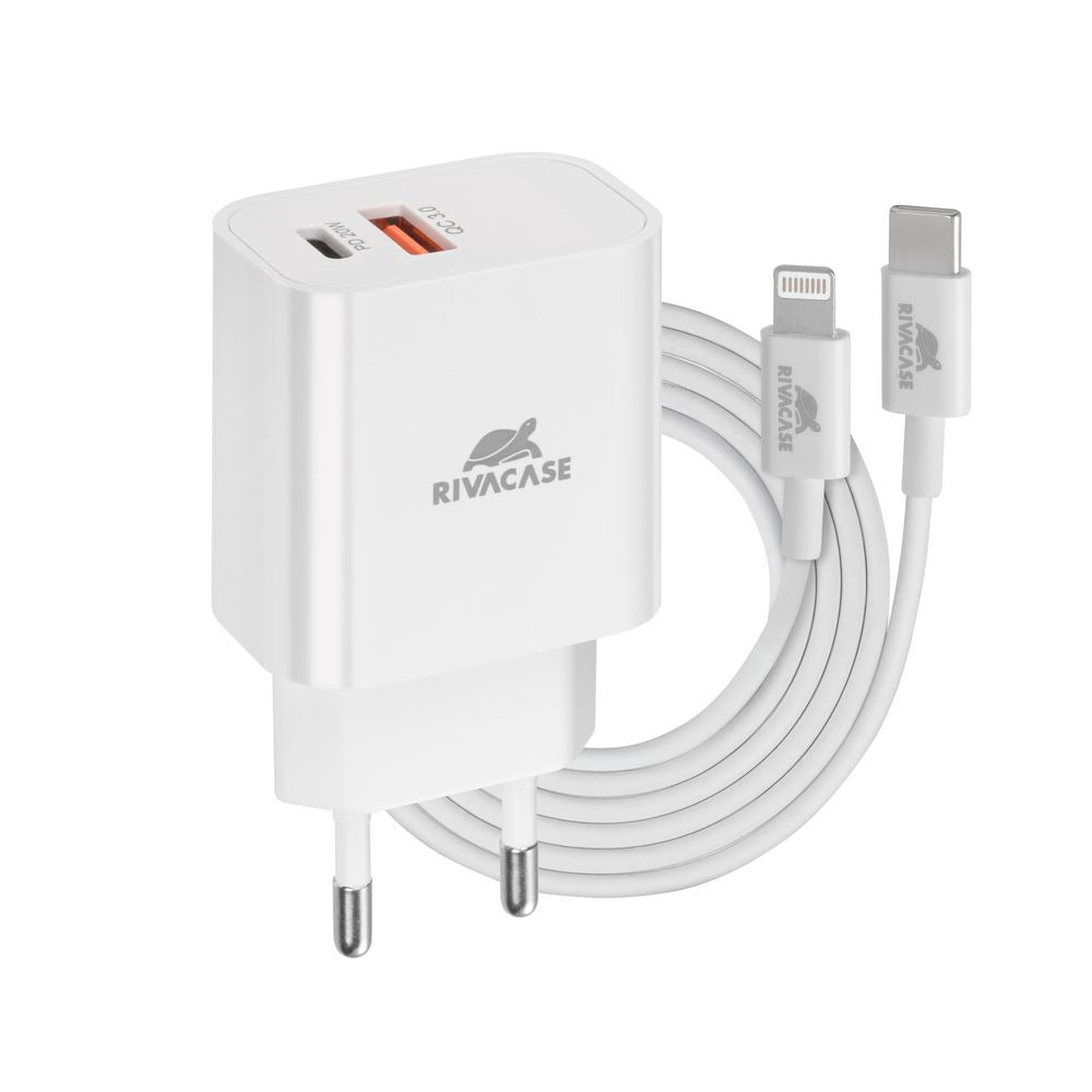RIVACASE PS4102 WD5 EU wall charger white PD20W + QC3.0, USB-A + USB-C, with USB-C/Lightning cable