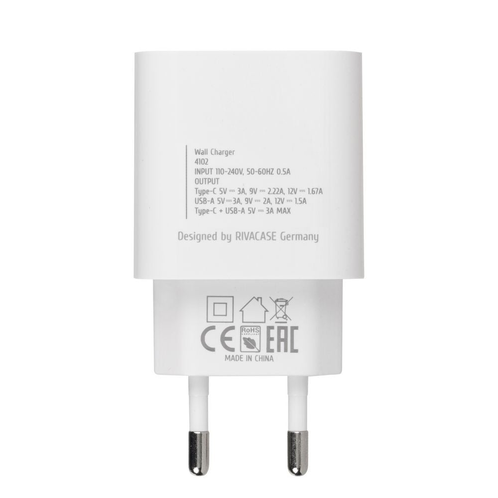 RIVACASE PS4102 WD5 EU wall charger white PD20W + QC3.0, USB-A + USB-C, with USB-C/Lightning cable