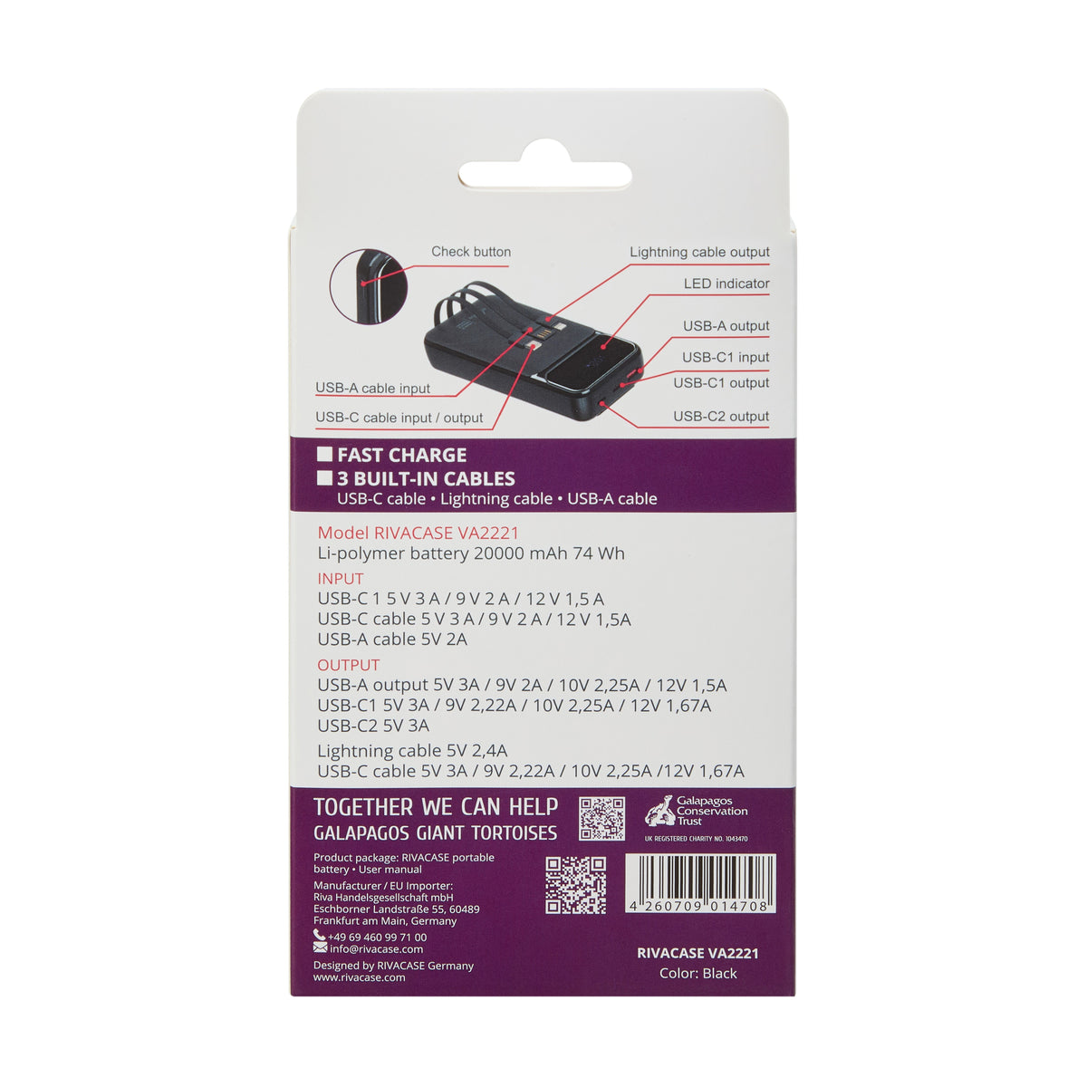 RIVACASE VA2221 (20000 mAh) black, QC/PD 3 built-in cables portable battery