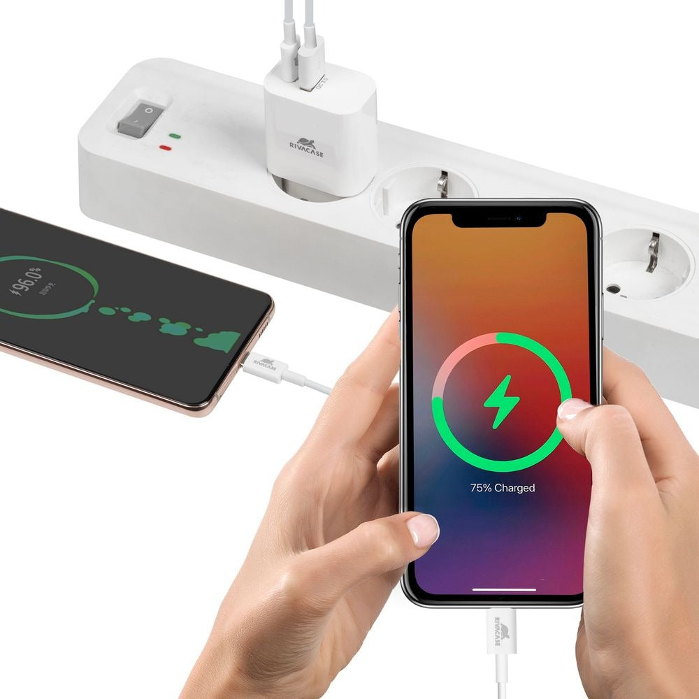RIVACASE PS4102 WD5 EU wall charger white PD20W + QC3.0, USB-A + USB-C, with USB-C/Lightning cable