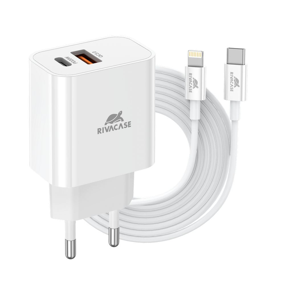 RIVACASE PS4102 WD5 EU wall charger white PD20W + QC3.0, USB-A + USB-C, with USB-C/Lightning cable