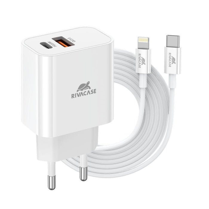 RIVACASE PS4102 WD5 EU wall charger white PD20W + QC3.0, USB-A + USB-C, with USB-C/Lightning cable